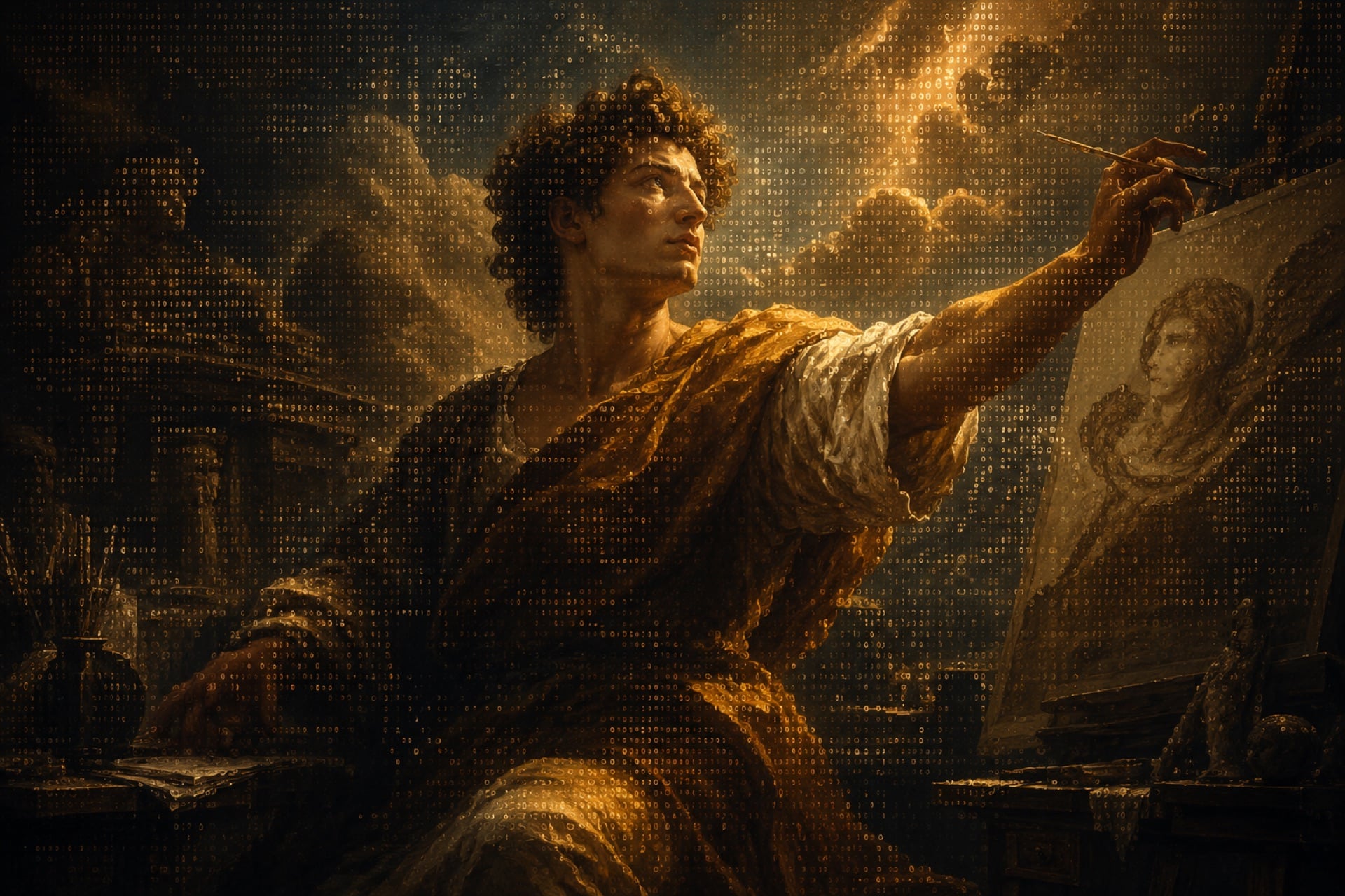 An artist painting amid streams of code — the act of creation